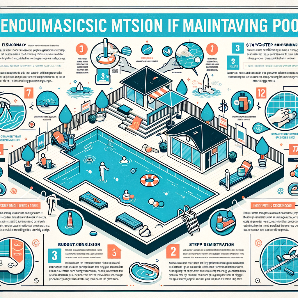 Infographic illustrating affordable pool maintenance and budget-friendly upkeep tips, showcasing cost-effective cleaning strategies and low-cost care tools for economical pool maintenance on a budget.