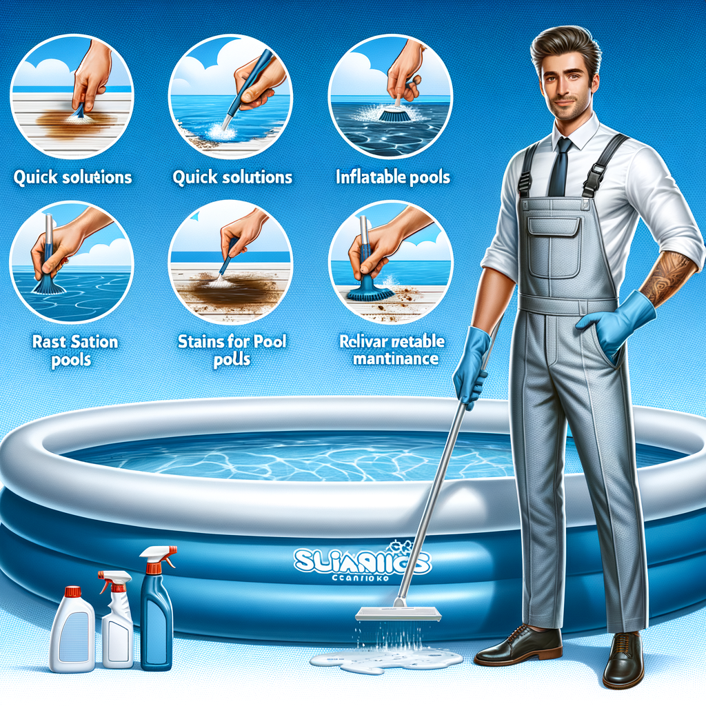 Expert demonstrating inflatable pool stain removal and maintenance, providing quick solutions and easy cleaning tips for removing stains from pools