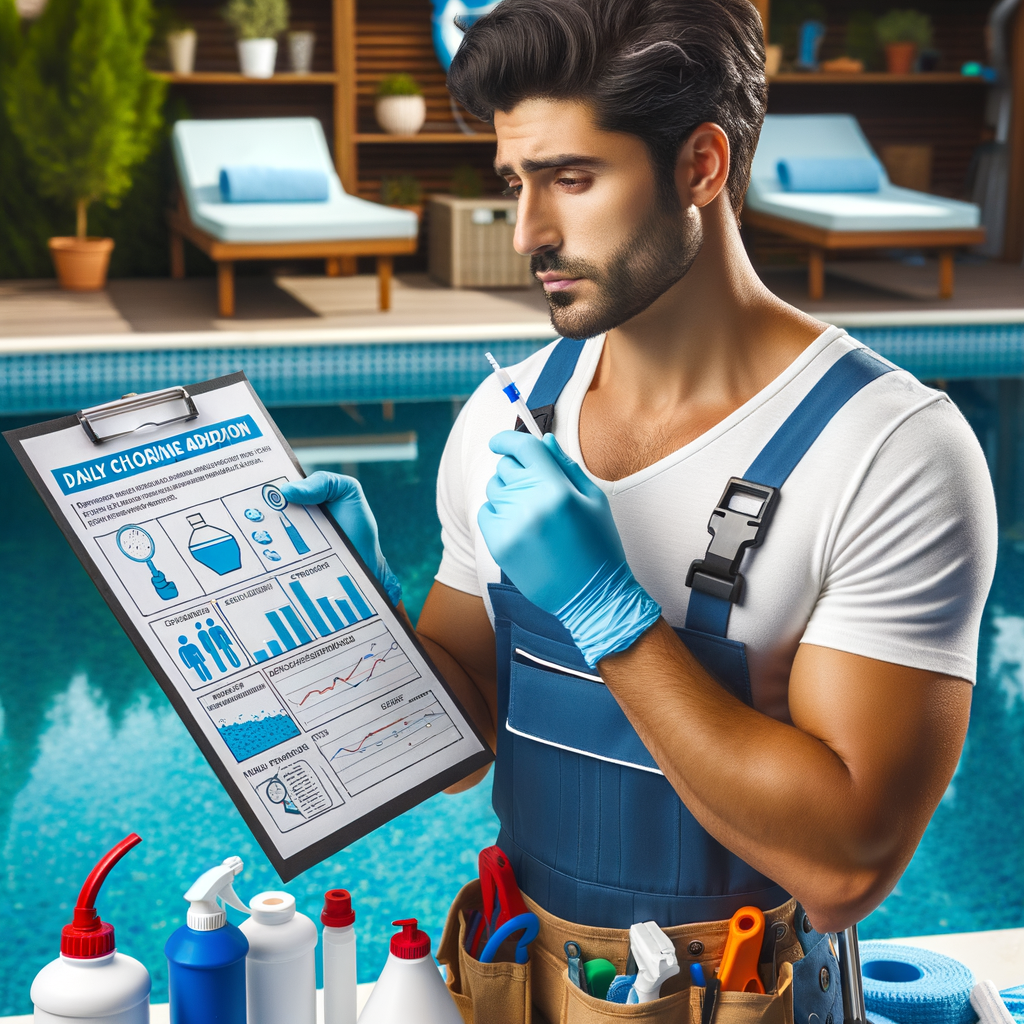 Expert pool maintenance professional testing chlorine levels for optimal pool chlorine maintenance, demonstrating daily pool care and providing pool cleaning advice.