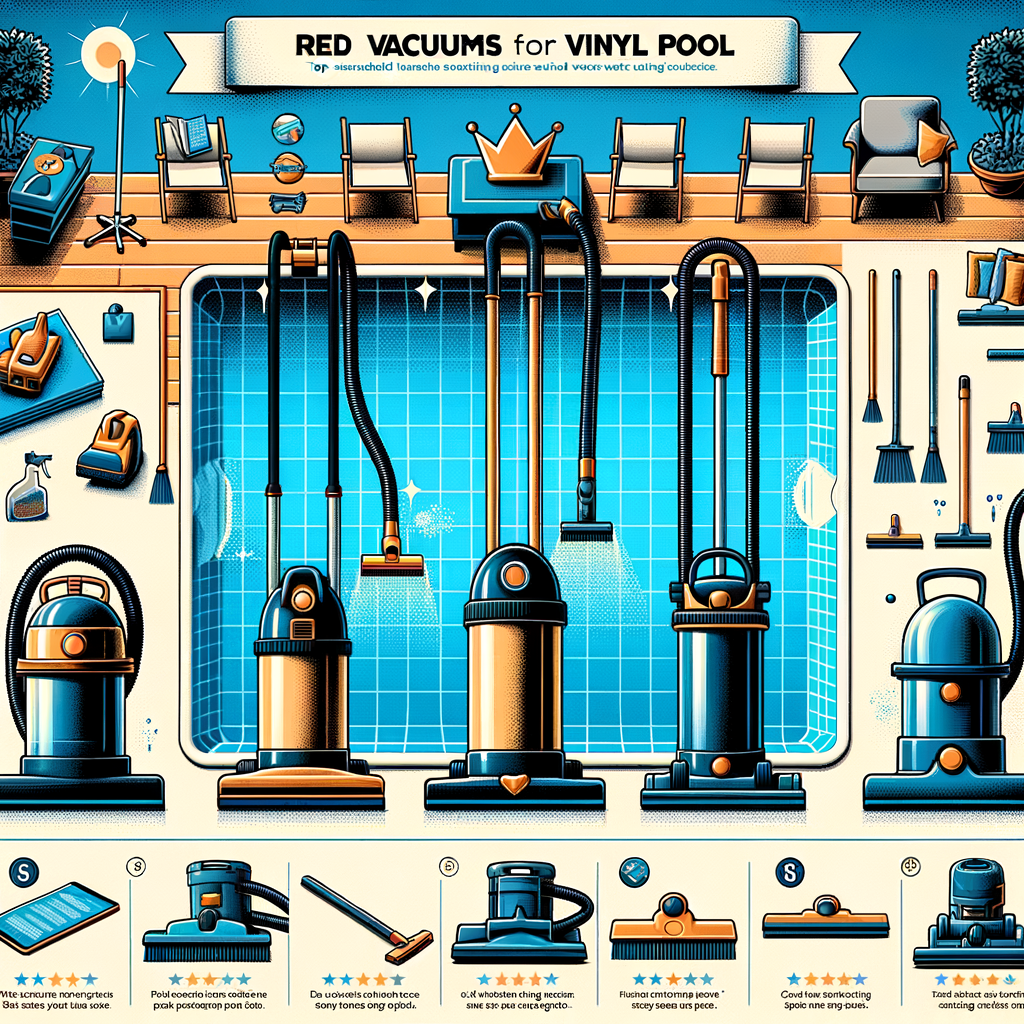 Comparison chart of top-rated vacuums for vinyl pools, highlighting the supreme pool vacuum with a crown symbol, surrounded by vinyl pool cleaning equipment and tips, showcasing the best pool cleaning vacuum for vinyl pool maintenance.