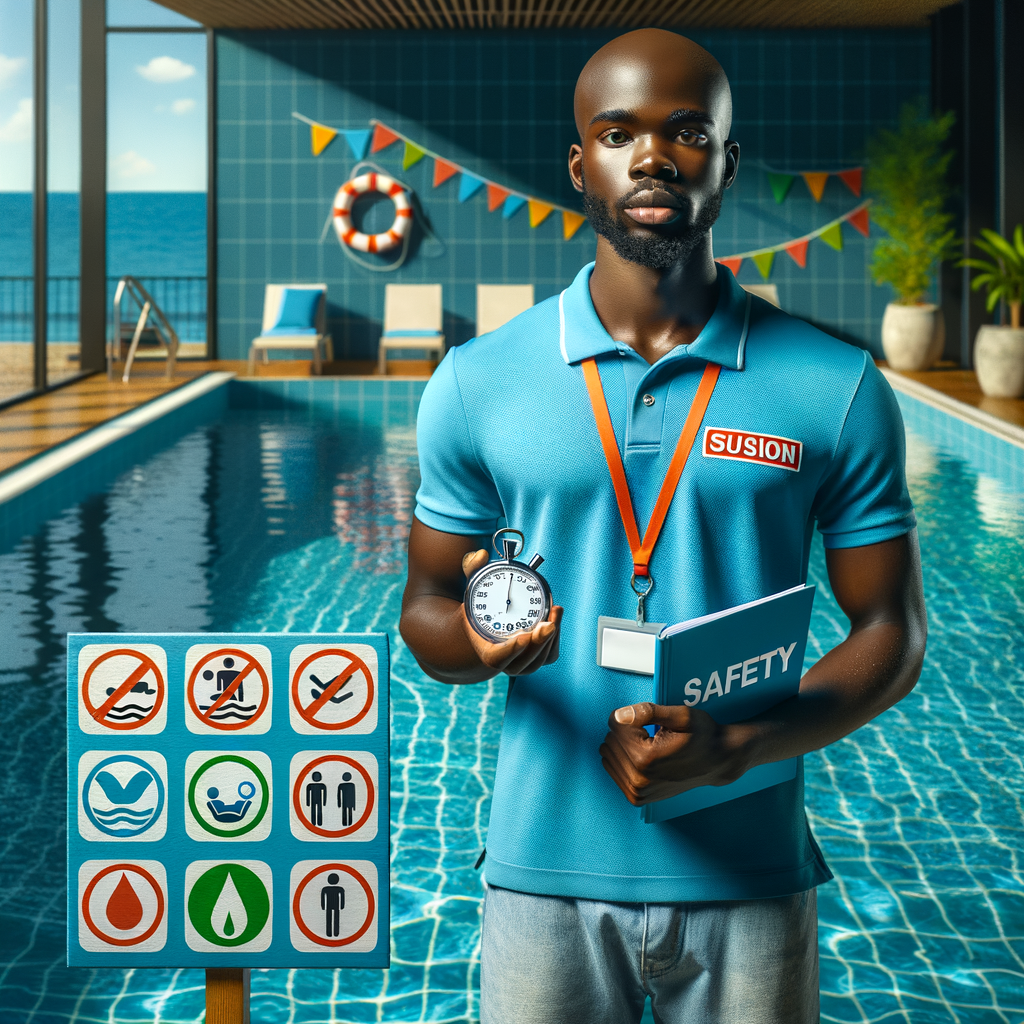 Lifeguard with stopwatch and safety guidebook by a newly filled pool, highlighting pool filling safety and time before swimming in a new pool