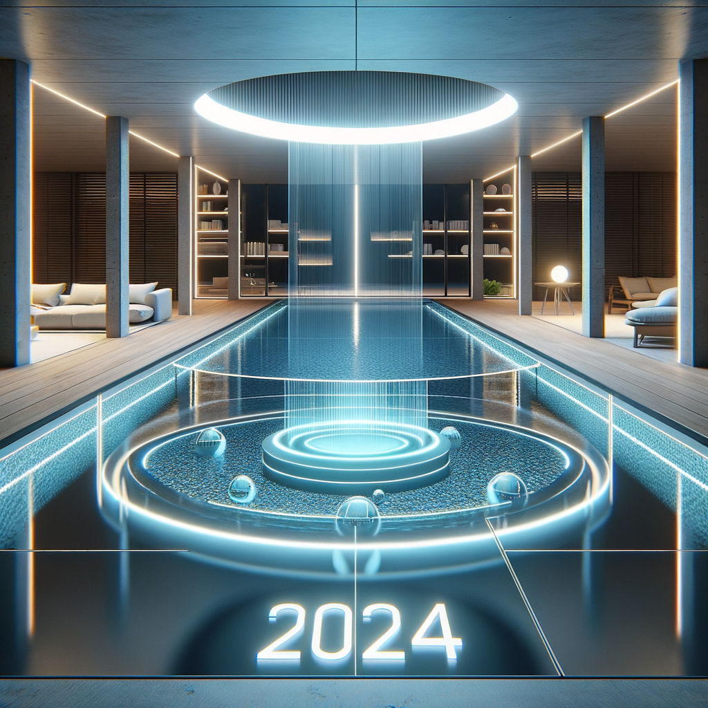2024 style evolution in pools featuring innovative pool renovation ideas, modern pool renovations, and the future of pool design with a glass-bottom pool, LED lighting, and minimalist deck.