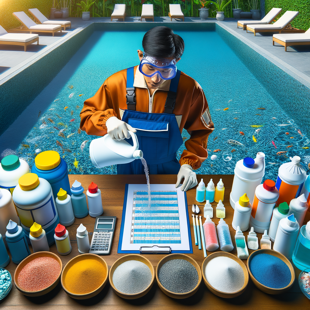 Professional pool maintenance worker using essential pool chemicals like chlorine for pools and pool algae control substances for swimming pool maintenance, demonstrating proper pool care, pool water balance, and pool sanitization with a pH level chart.
