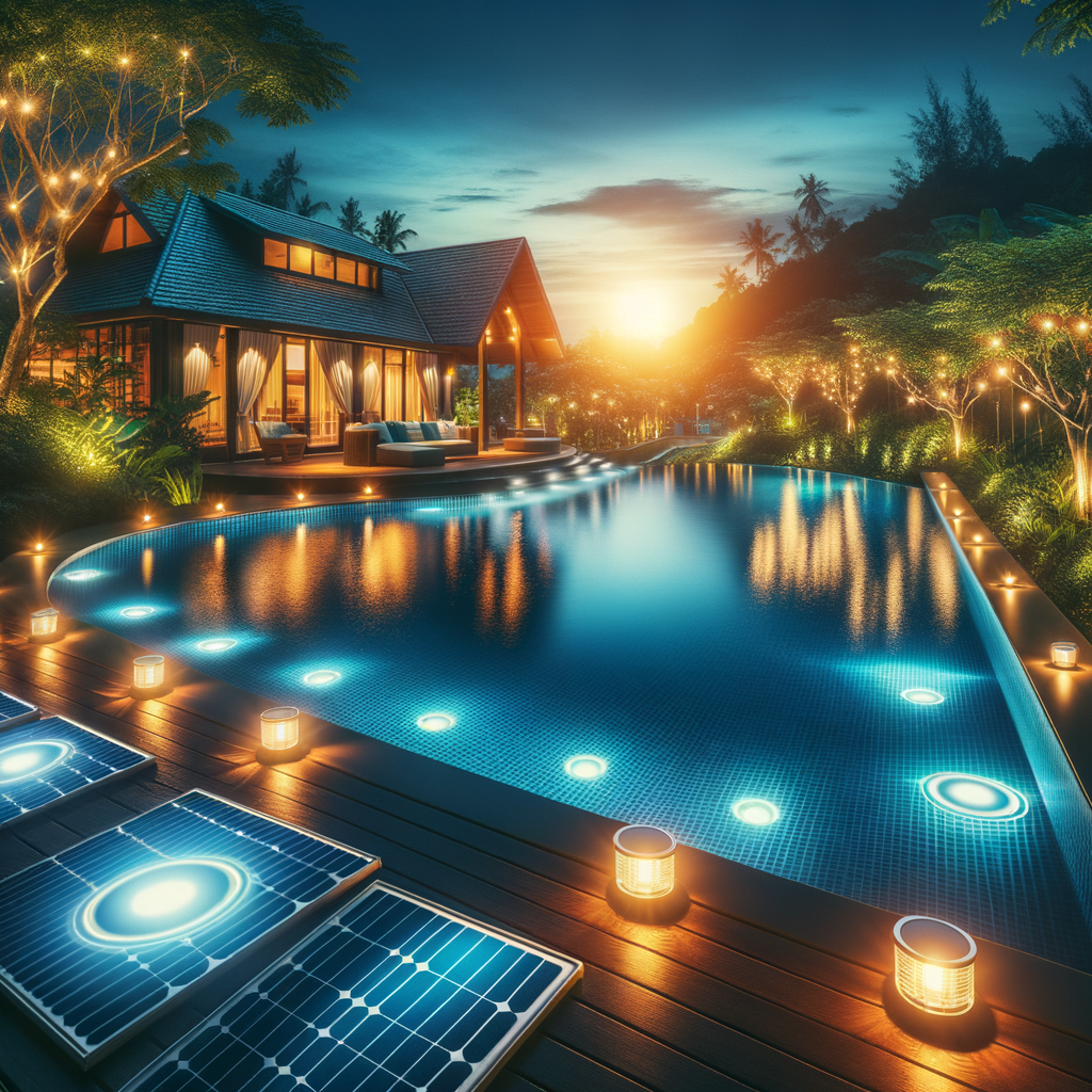 Energy-efficient LED and solar pool lights illuminating a swimming pool at dusk, demonstrating sustainable pool illumination and energy conservation in pool lighting.