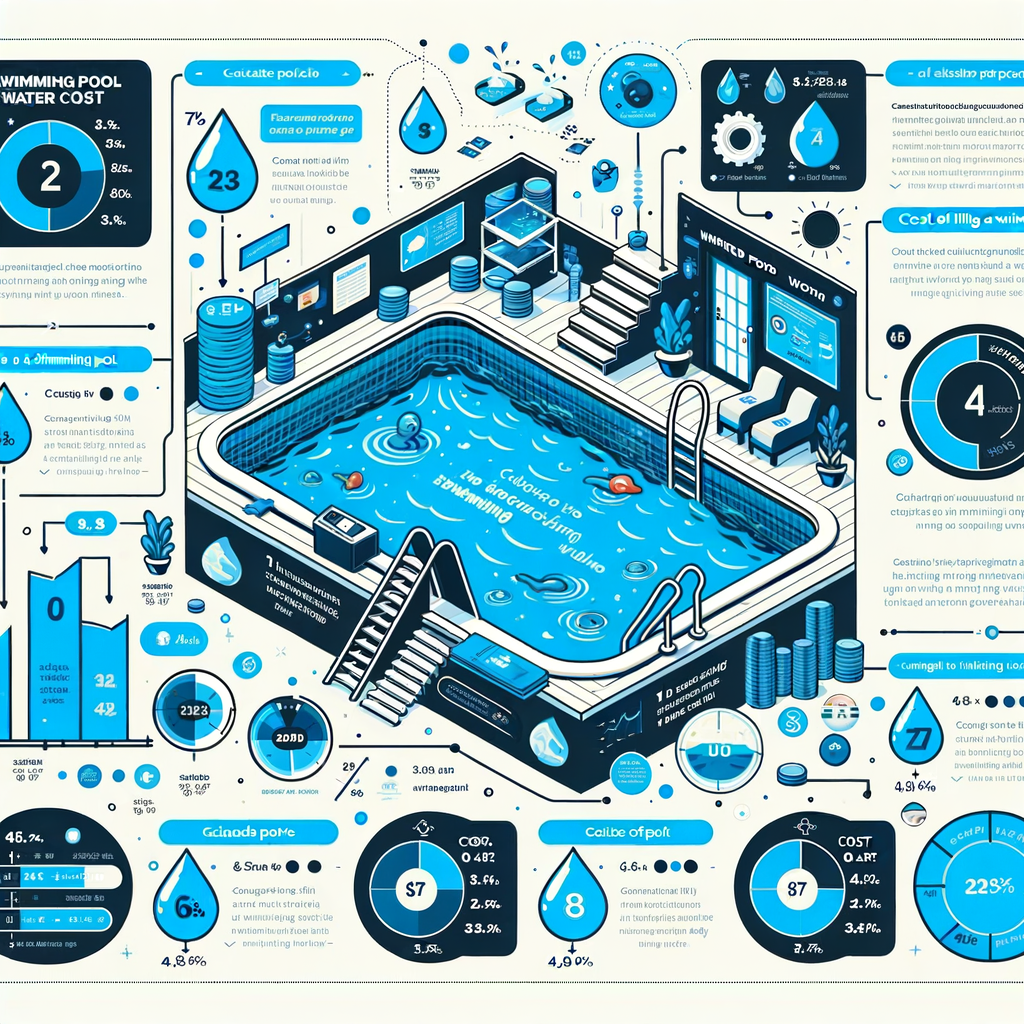 Infographic illustrating the calculation of swimming pool water cost, highlighting steps to calculate pool water cost, cost of filling swimming pool, and pool water filling cost for an article on swimming pool water expense calculation.