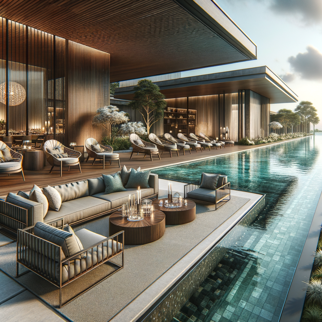 Elegant poolside furniture design featuring stylish swim furniture, luxury poolside decor, and modern poolside lounge ideas for a high-end pool furniture setting.