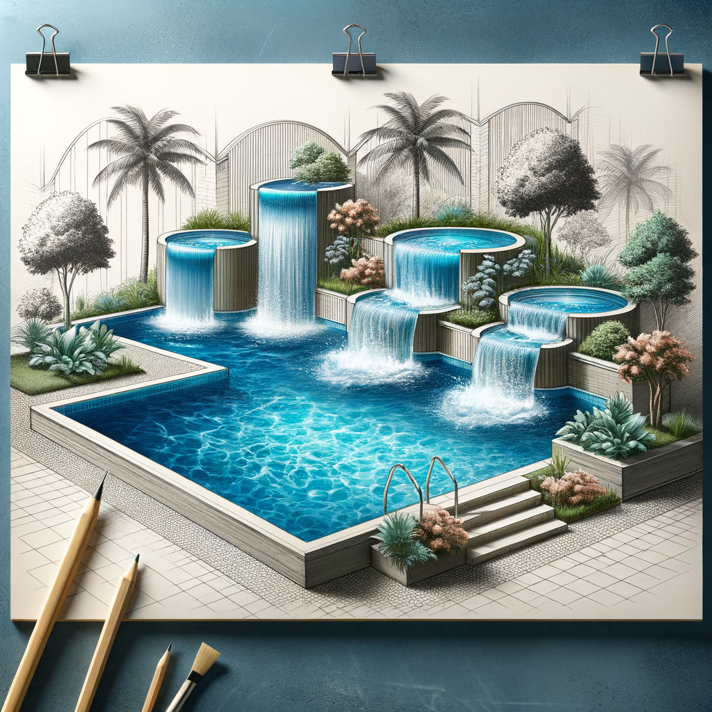 Stunning pool renovation showcasing water features in pools like cascading waterfalls and bubbling fountains, enhancing pool aesthetics and reflecting aesthetic pool remodeling ideas for a swimming pool revamp.