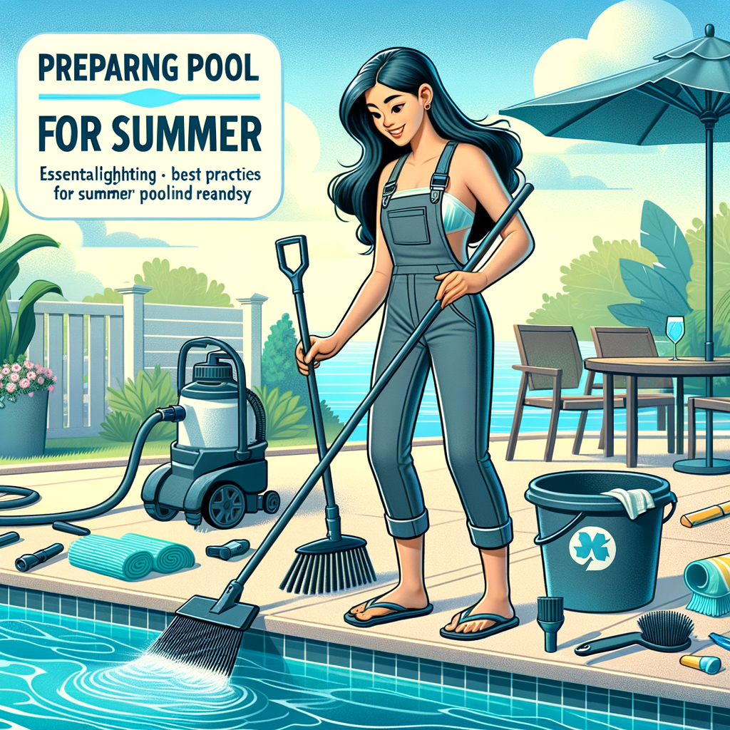 Professional pool technician demonstrating summer pool preparation and essential pool care, providing a step-by-step summer pool care guide for getting your pool ready for summer, highlighting pool cleaning tips and essential tools for pool readiness.