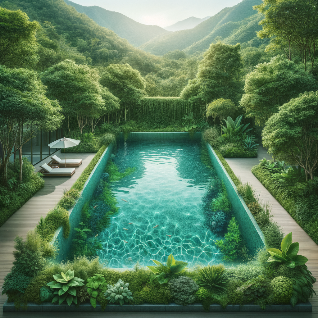 Organic swimming pool in harmony with nature, showcasing the allure and benefits of sustainable, chemical-free swimming pools integrated into a vibrant landscape.
