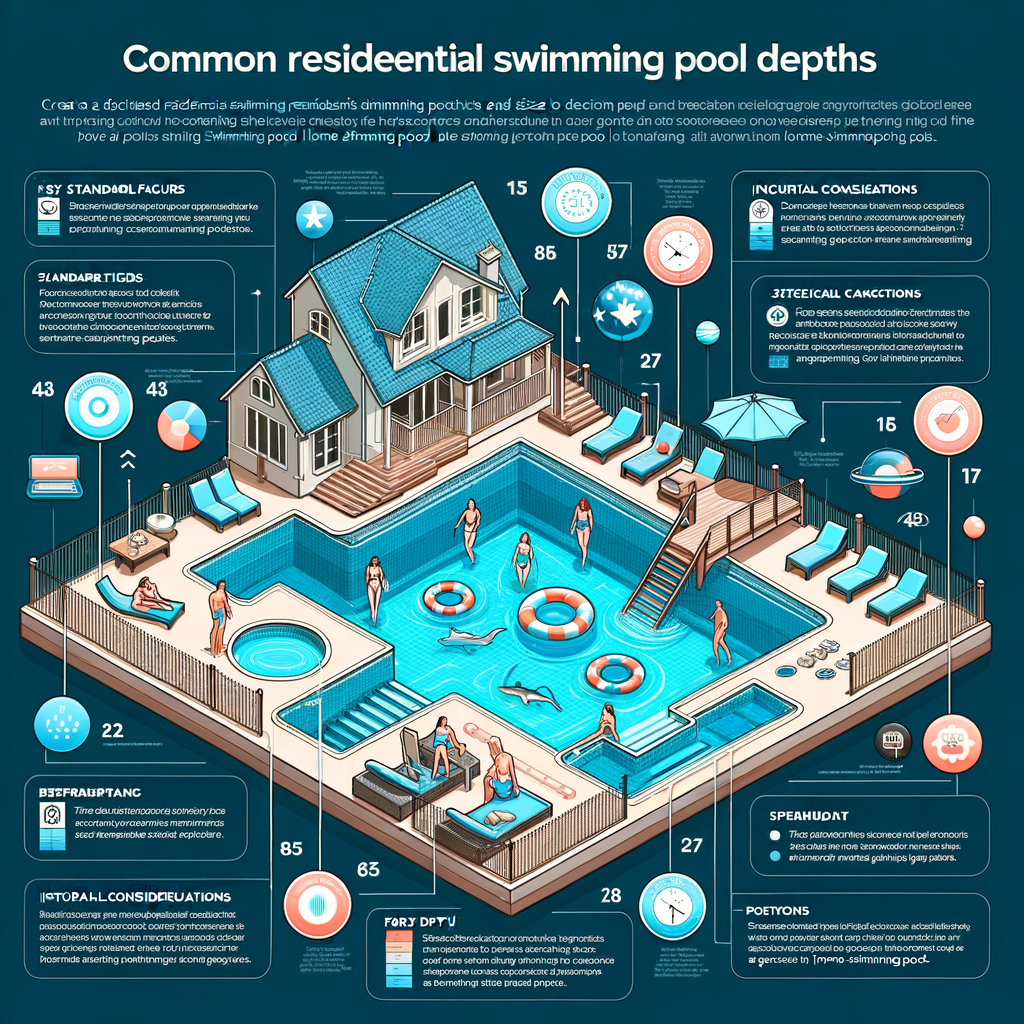 Infographic detailing home pool depth, common pool sizes, swimming pool considerations, and pool construction considerations for a comprehensive home swimming pool guide.