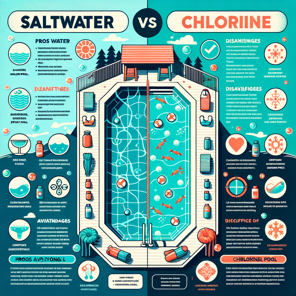 Infographic comparing saltwater and chlorine pools, highlighting pros and cons of saltwater pools, benefits and drawbacks of chlorine pools, and providing a comprehensive guide to choosing between pool types.
