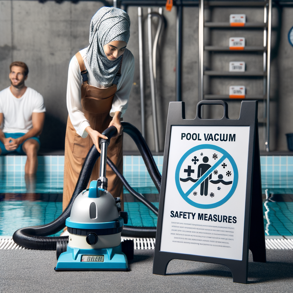 Professional pool maintenance worker operating a swimming pool vacuum cleaner, demonstrating pool vacuum safety measures during the pool cleaning process, with a swimmer waiting in the background, emphasizing precautions while swimming and the effects of swimming with pool vacuum running, and a timer indicating pool vacuum running time.