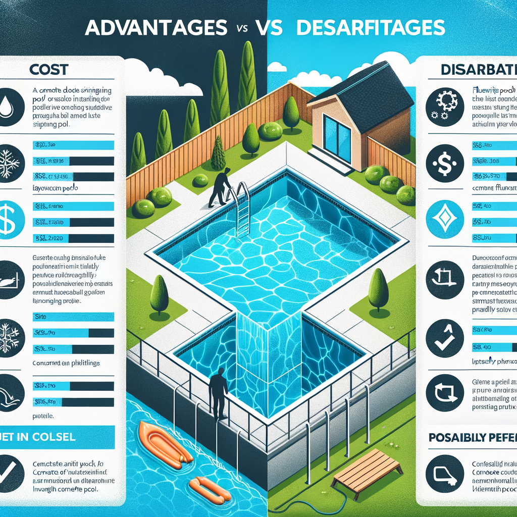 Comparison chart illustrating the pros, cons, cost, and maintenance of concrete pool installation, including a comparison with fiberglass pools and a visually appealing image of an in-ground concrete pool.