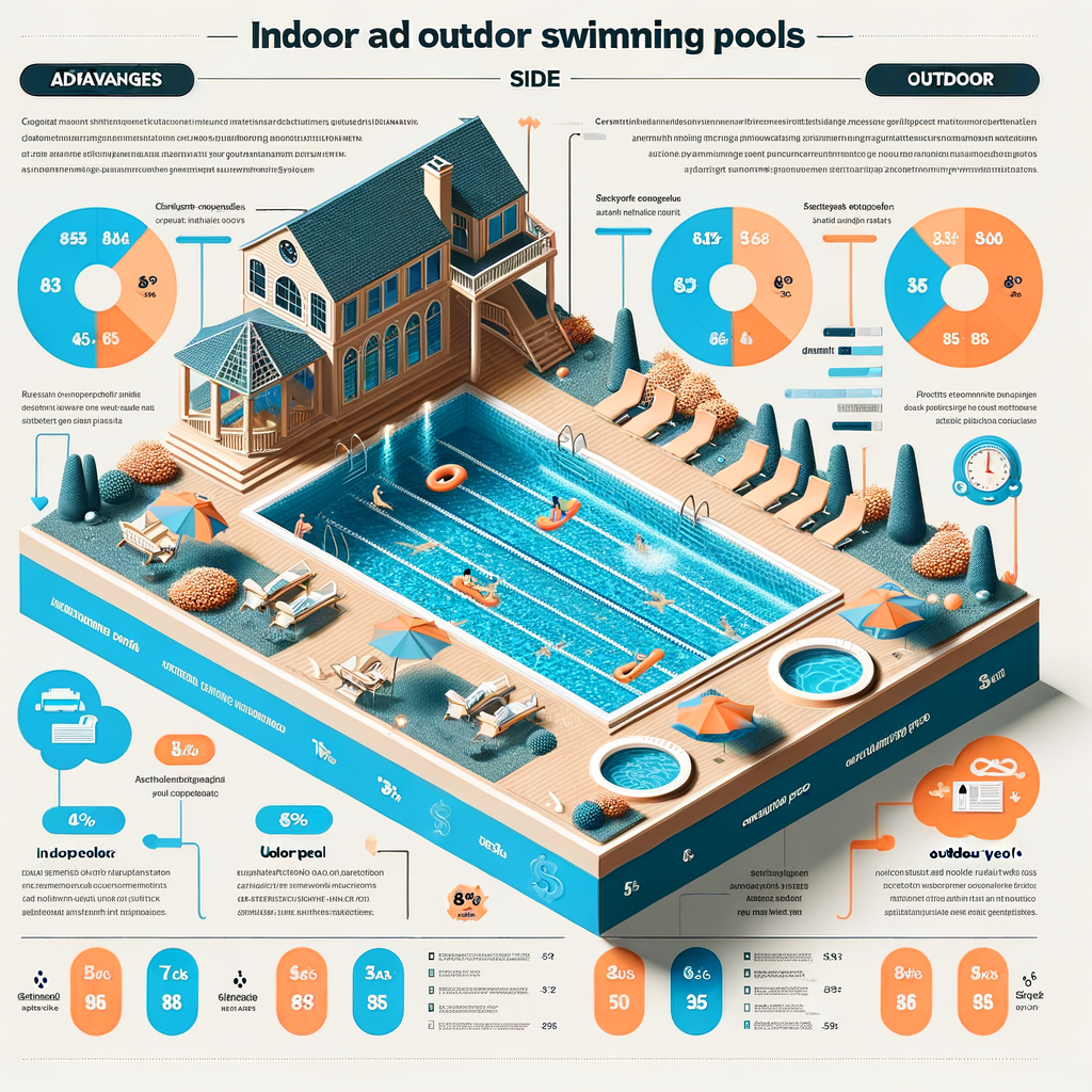 Infographic comparing indoor and outdoor swimming pools, detailing pros and cons of indoor pools, benefits of outdoor pools, indoor pool maintenance, outdoor pool costs, and indoor vs outdoor pool investment.