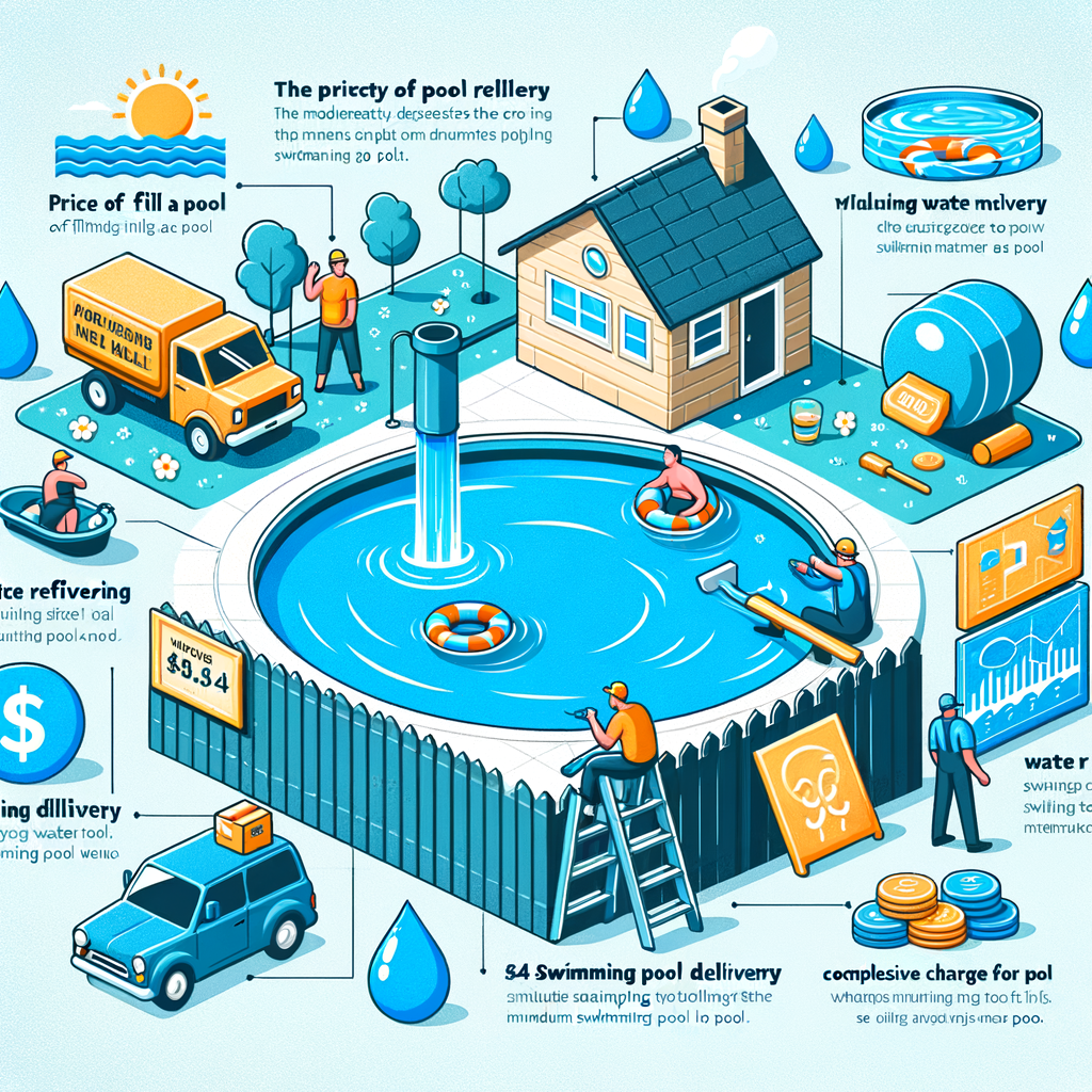 Infographic detailing the cost of filling a swimming pool, including swimming pool water cost, pool water delivery price, and swimming pool maintenance cost.