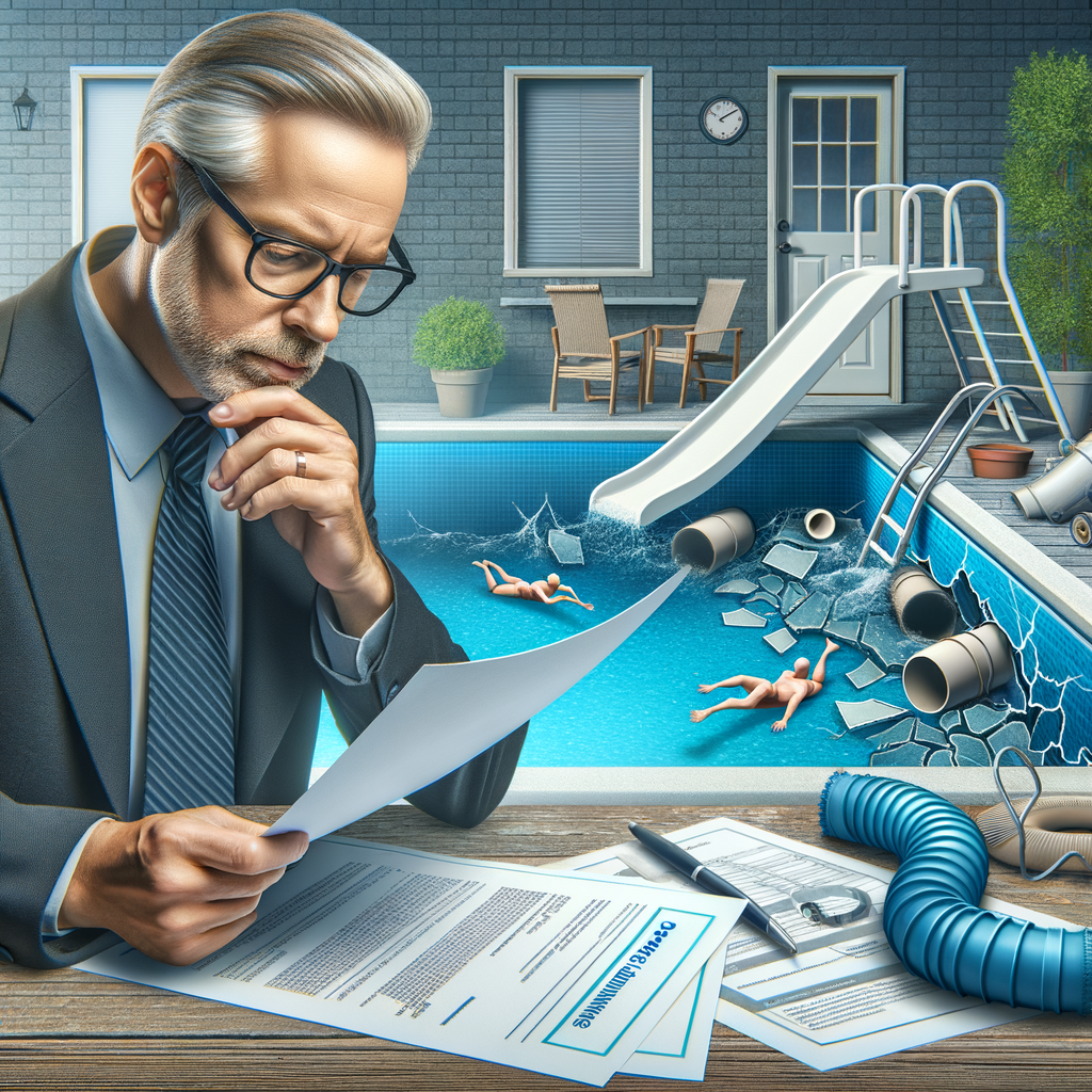 Homeowner reviewing home insurance policies for pool equipment coverage, contemplating insurance claims for pool equipment replacement amidst damaged pool equipment, highlighting the benefits and limitations of homeowners insurance, specifically for swimming pools.