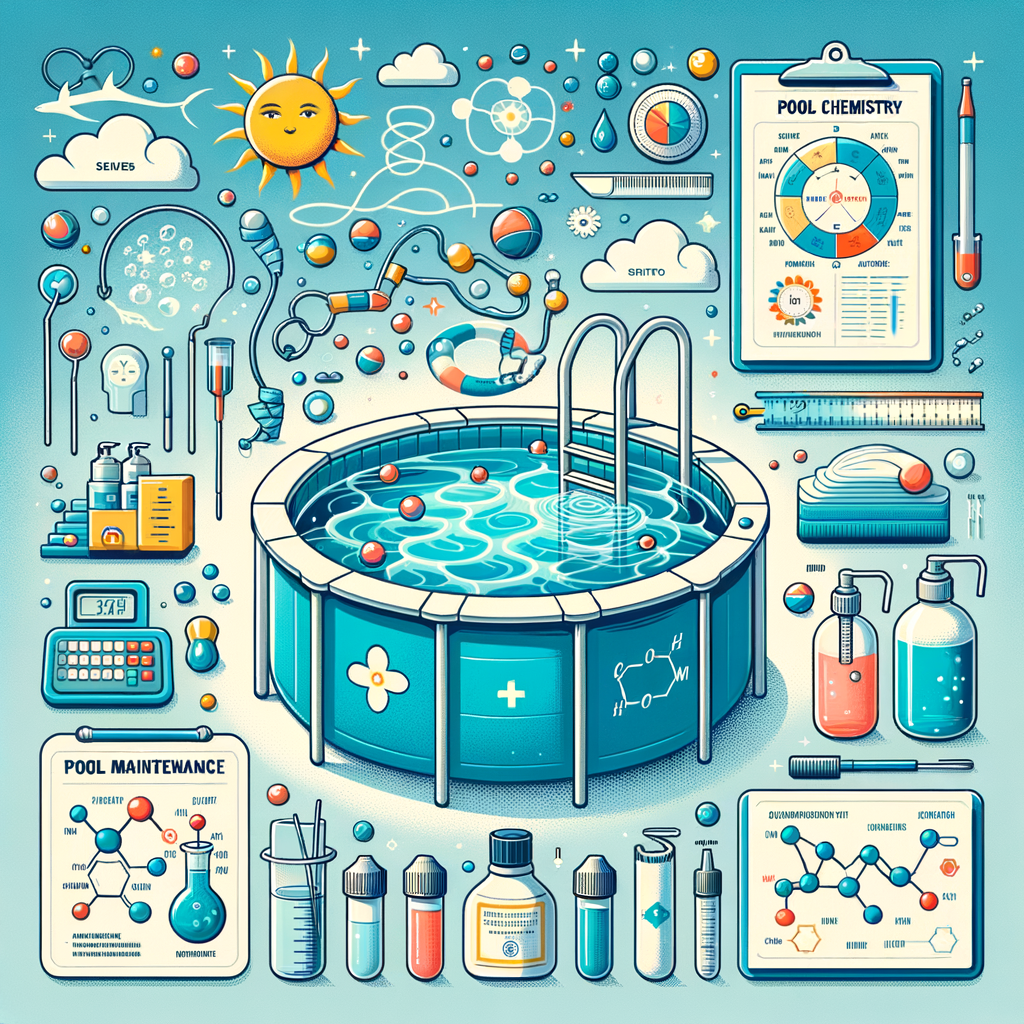 Infographic illustrating the basics of pool water chemistry, including how to balance pool water and use a pool water testing kit for beginners, as part of a guide to swimming pool water treatment and pool maintenance basics.