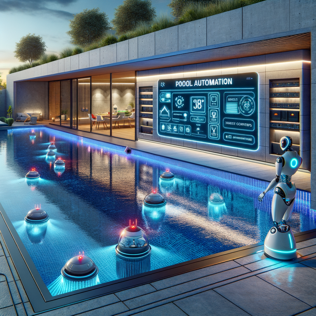 Advanced Pool Automation Systems showcasing futuristic pool automation features like automated cleaning, temperature control, and lighting for a modern swimming pool, representing the future of pool automation as per the guide to pool automation systems.