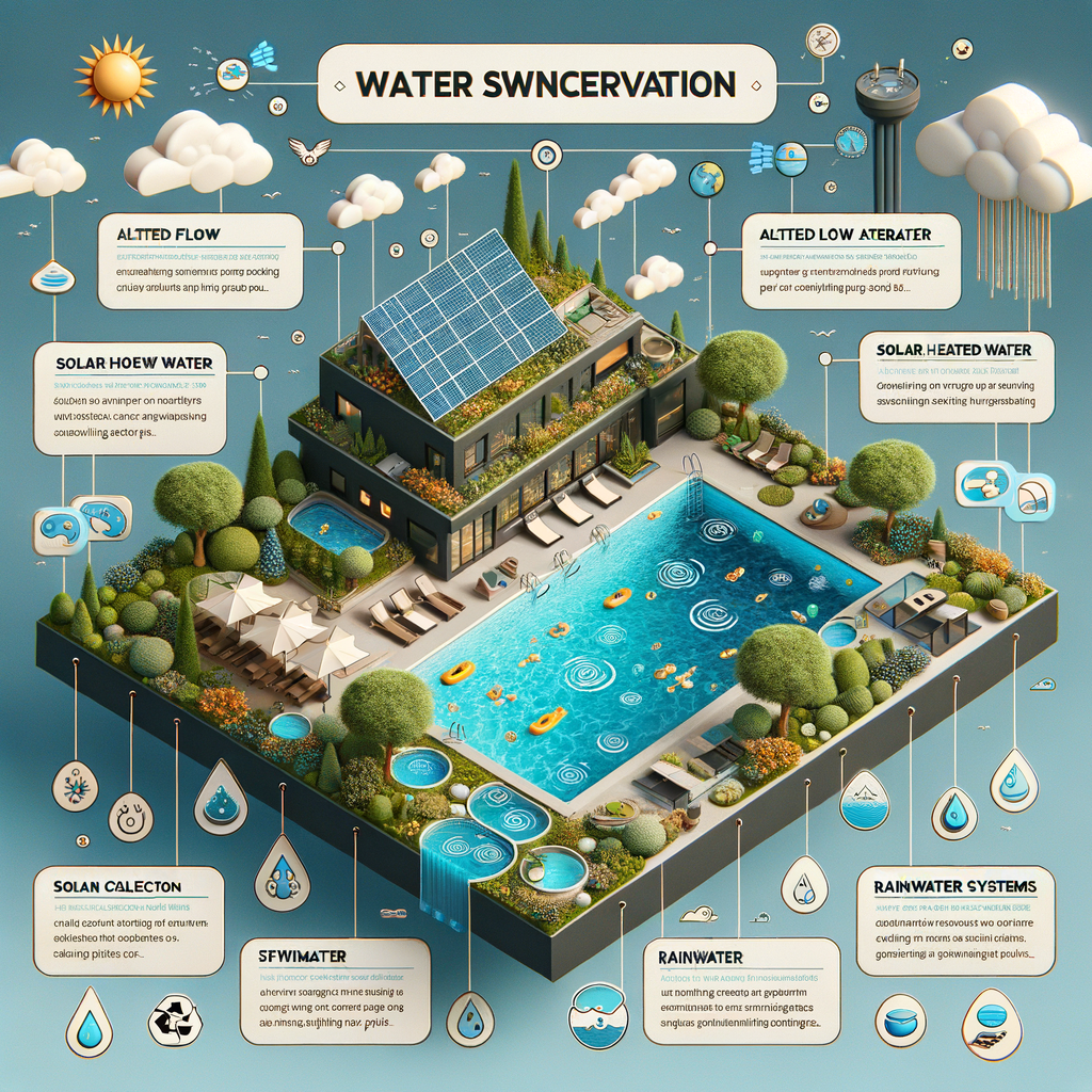 Infographic showcasing smart swimming pool strategies for water conservation, highlighting efficient and eco-friendly ways to save water in swimming pools for sustainable swimming pool solutions.