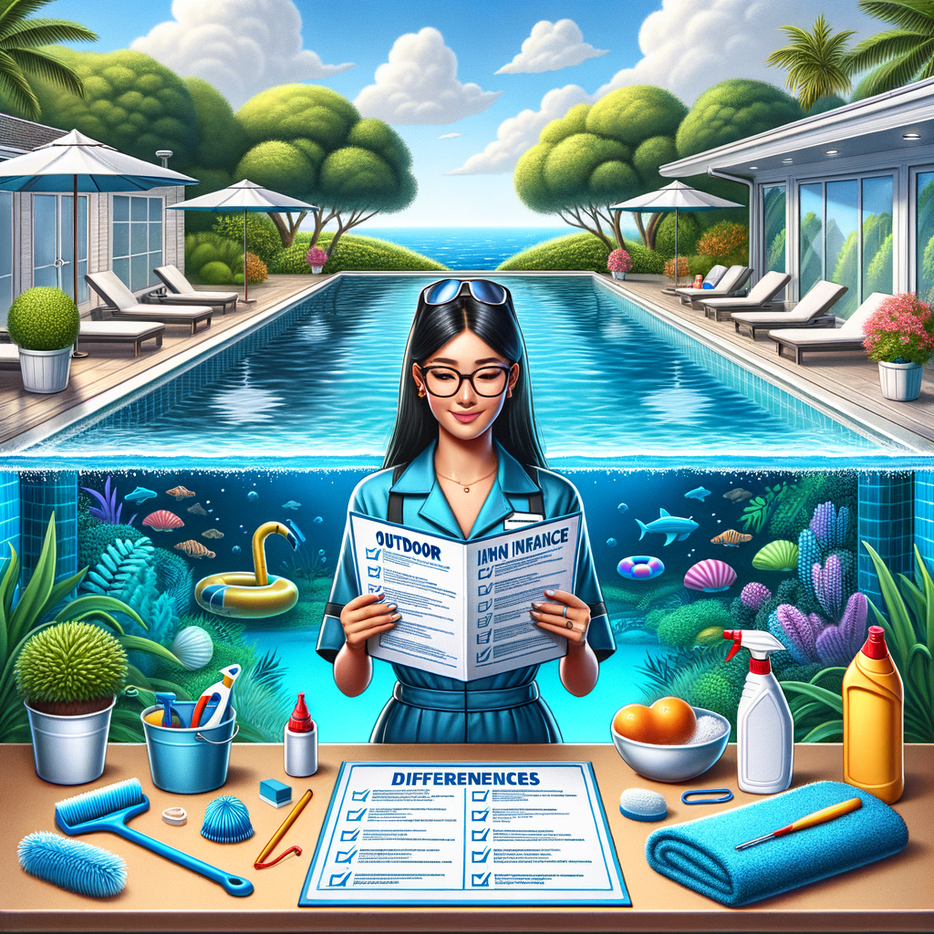 Professional pool technician comparing outdoor pool maintenance and indoor pool upkeep, debunking pool maintenance myths, and providing pool cleaning tips for sparkling swimming pool care.