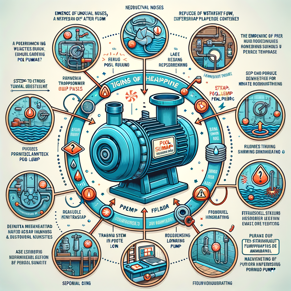 Infographic detailing pool pump replacement signs, problems, and lifespan, with a focus on signs of pool pump failure, when to replace pool pump, pool pump maintenance, troubleshooting, and repair for swimming pool pump issues.