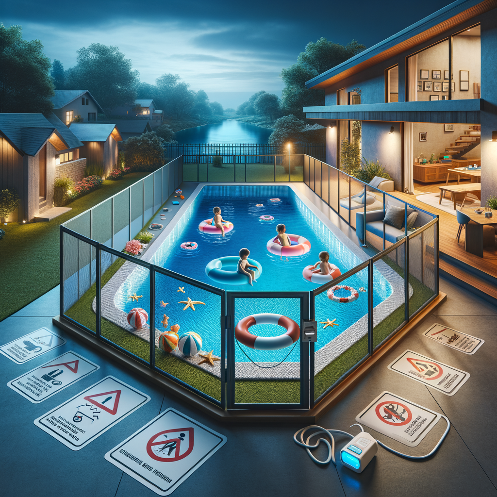 Childproofing home pool area with safety essentials like sturdy fence, self-latching gate, anti-slip surfaces, and pool alarms for creating kid-safe swimming pools.