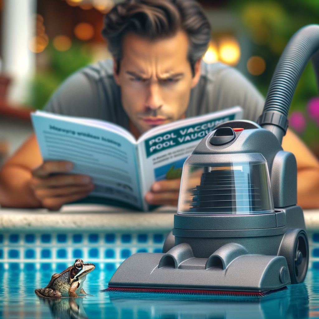 Pool owner reading maintenance manual for pool vacuum safety, illustrating the danger to tiny creatures like a frog near the suction area, highlighting the need for preventing wildlife from getting sucked into pool vacuums.