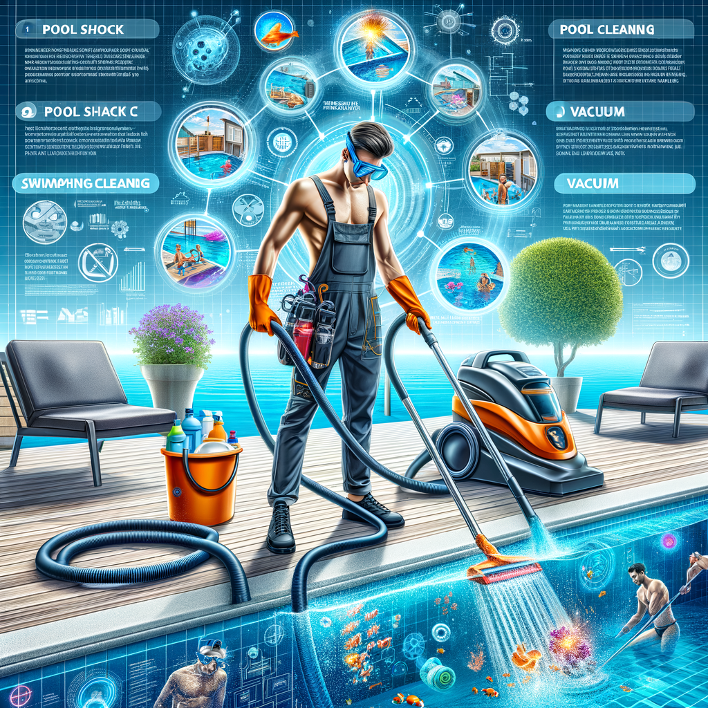 Professional pool cleaner demonstrating effective pool cleaning methods, showing the order of shocking a pool before vacuuming it, with infographics offering pool maintenance tips and a swimming pool cleaning guide for first-time owners, highlighting the debate of pool shock vs vacuum.