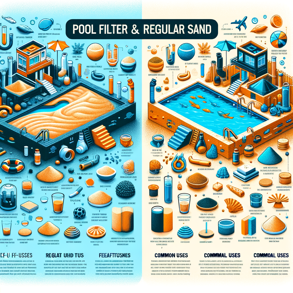 Infographic comparing pool filter sand and regular sand, highlighting differences, unique features, benefits for pool maintenance, and common uses for an article on pool filter sand vs regular sand comparison.