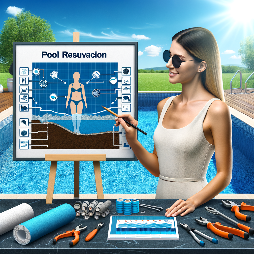 Professional pool technician demonstrating efficient swimming pool resurfacing techniques with step-by-step pool renovation guide and maintenance tools for a renewed swimming pool.