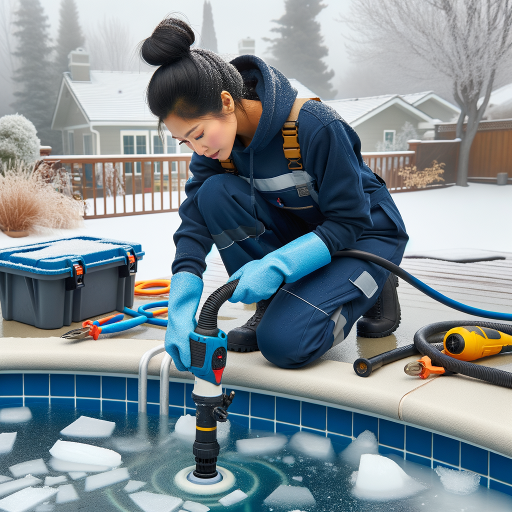 Professional pool service technician demonstrating frozen pool solutions and winter pool care, using specialized equipment for pool winterization and unfreezing a swimming pool in winter.