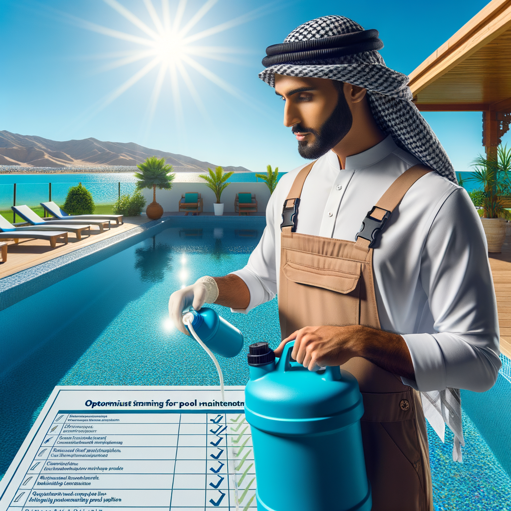 Pool maintenance expert demonstrating the best time to shock a pool for maintaining water quality, adding chlorine shock treatment for crystal-clear pool water, with a checklist of pool cleaning tips and swimming pool maintenance tasks in the background.