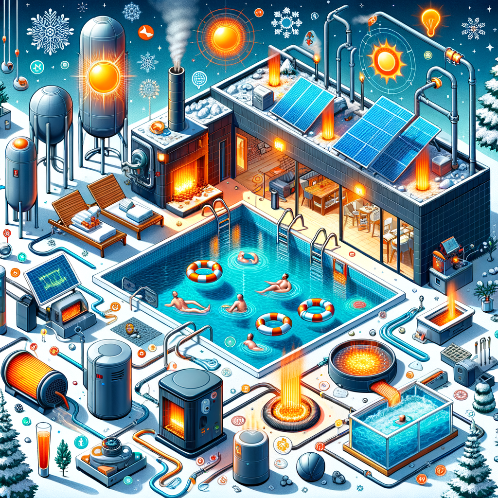 Efficient winter pool heating systems illustration highlighting top strategies for cost-effective warmth, energy-efficient and affordable pool heating methods for maintaining warm pool temperature in winter.