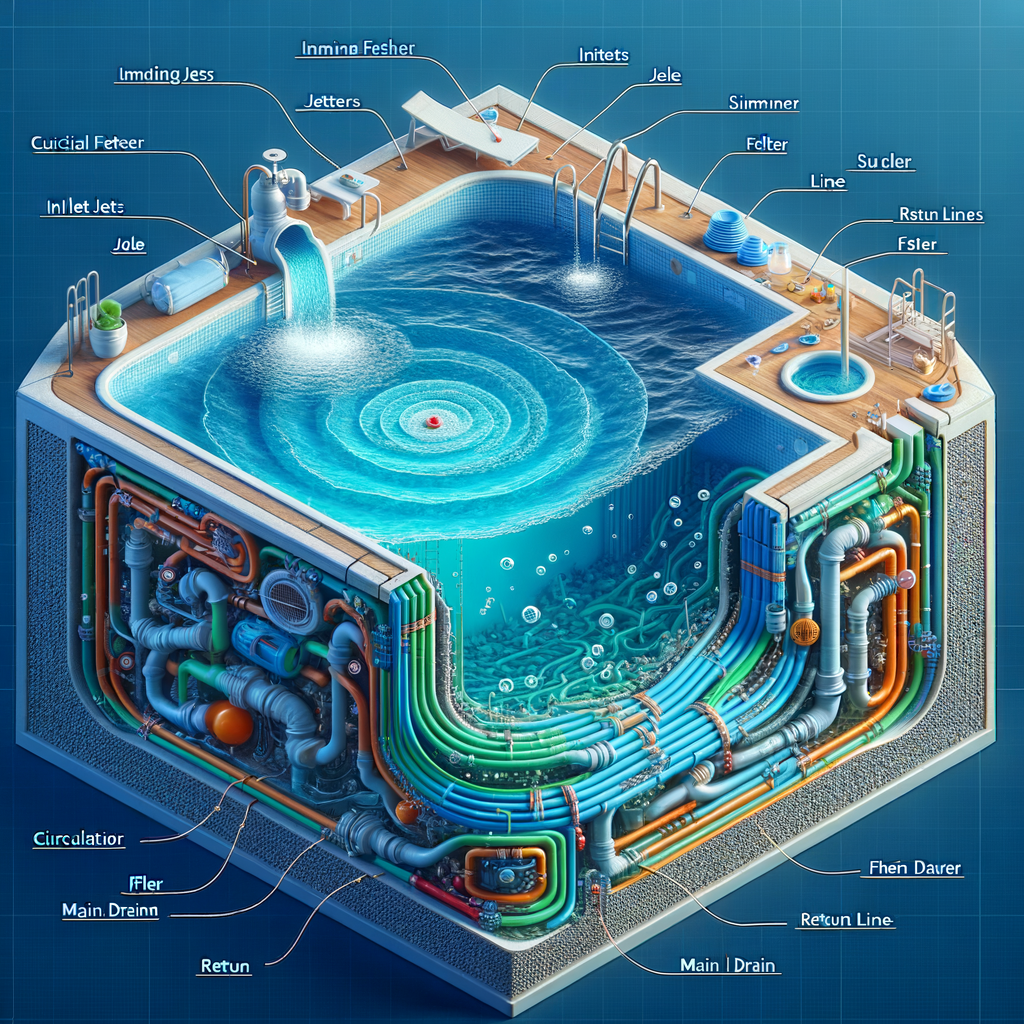 Cross-sectional view of a swimming pool illustrating the science of pool water circulation, highlighting the importance and techniques for maintaining optimal pool water flow.