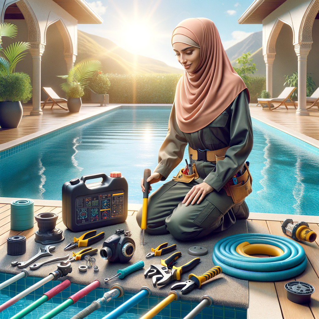 Professional pool technician performing pool leak detection and repair using specialized equipment, alongside a step-by-step guide for DIY pool leak repair and maintenance methods