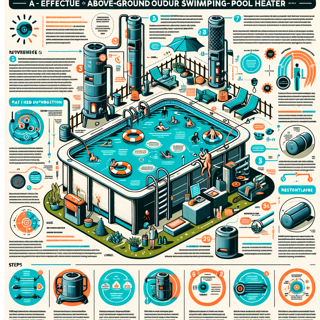 Infographic illustrating the functioning of an efficient above-ground pool heater, comparison chart of best outdoor pool heaters, and steps for pool heater installation and above-ground pool maintenance.