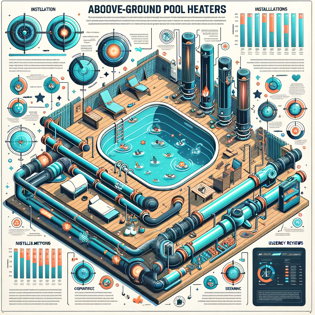 Infographic explaining how above-ground pool heaters work, showcasing types, installation and maintenance process, and a comparison chart of the best pool heaters based on reviews, highlighting their cost and efficiency.