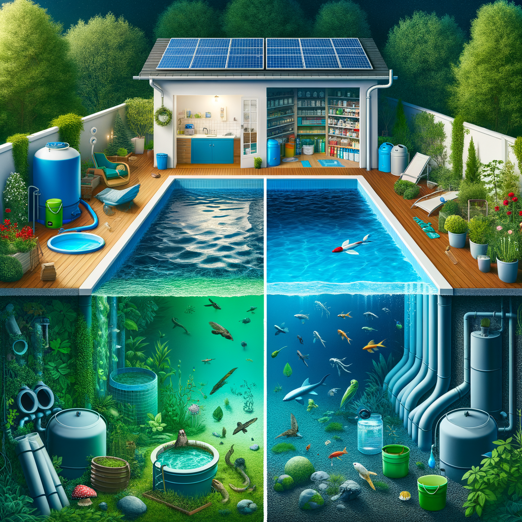 Comparison of traditional and eco-friendly swimming pools illustrating environmental impact, water usage, energy consumption, chemical use, effect on wildlife, and sustainable maintenance and heating practices.
