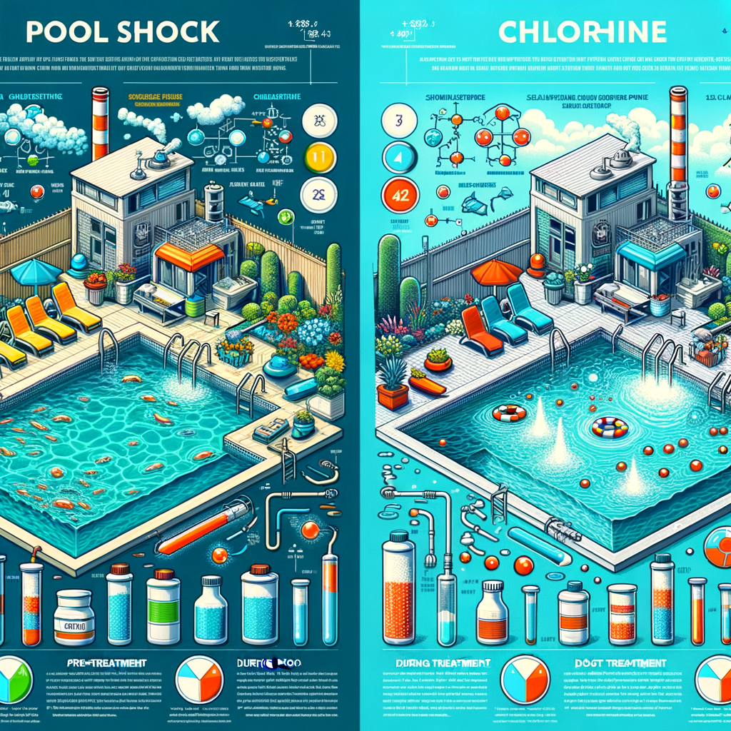Infographic illustrating the differences between Pool Shock and Chlorine in pool maintenance, highlighting chlorine levels, pool shock treatment process, and the role of swimming pool chlorine in pool water treatment.