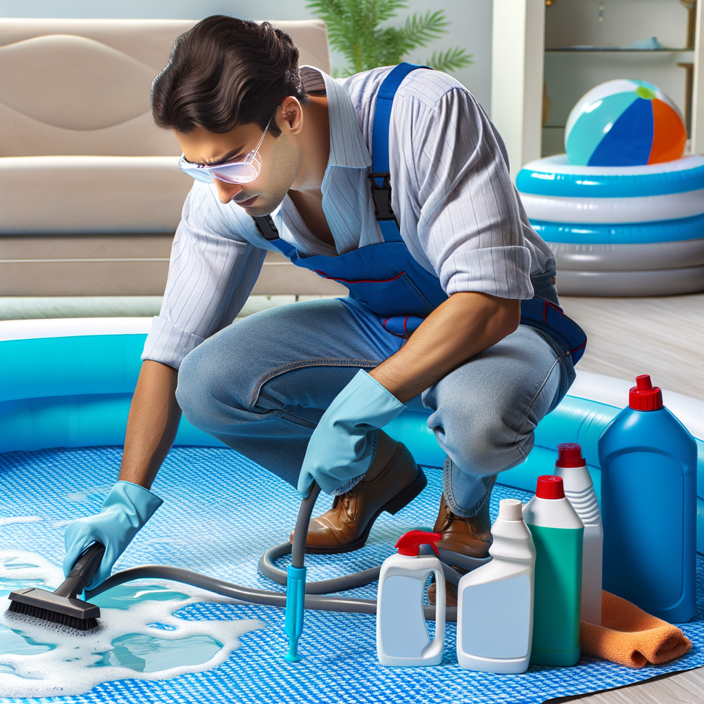 Professional demonstrating inflatable pool stain removal using cleaning solutions and tools, highlighting DIY pool maintenance and inflatable pool care tips.